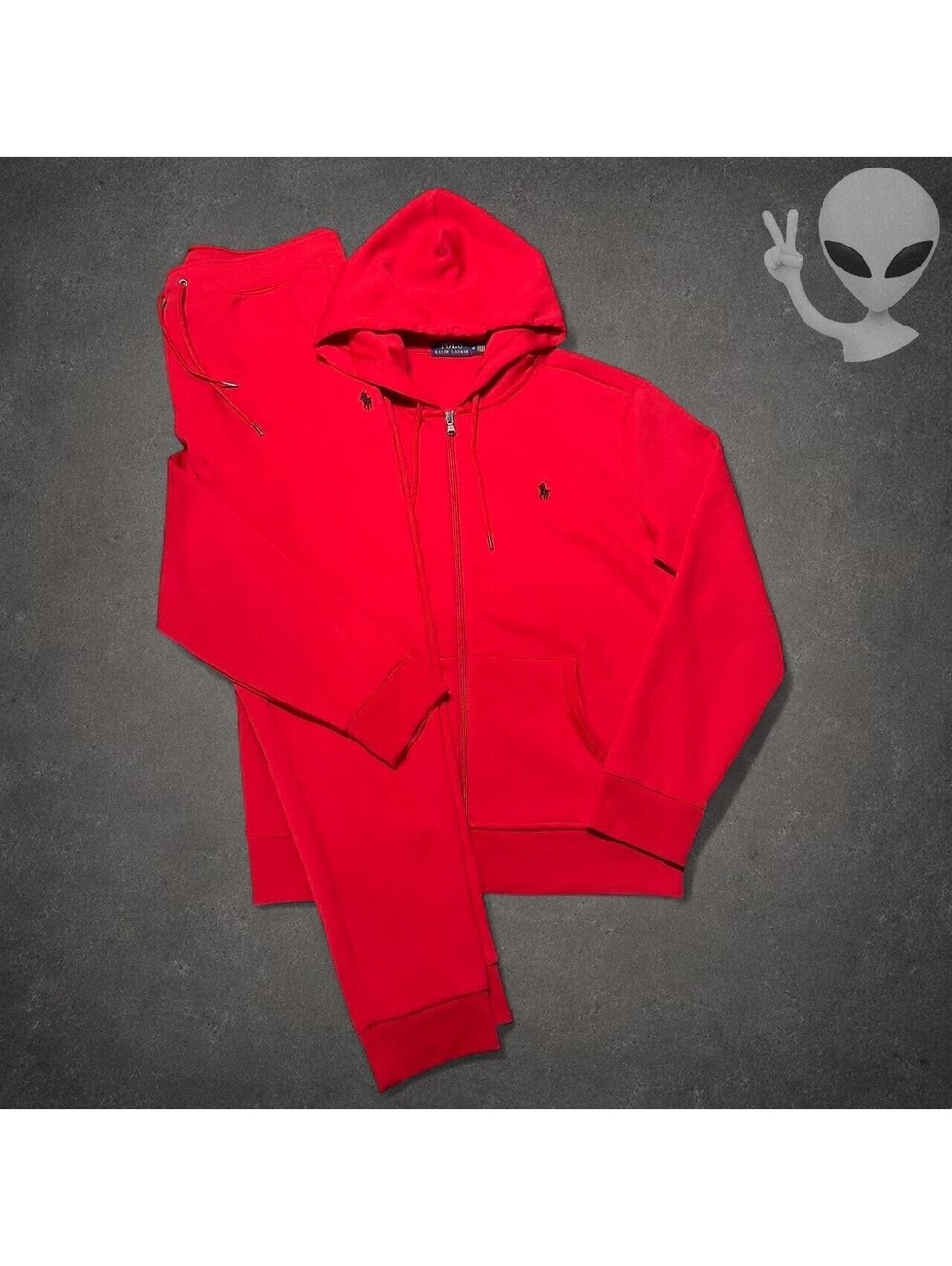 Polo Ralph Lauren Red Double Knit Full Zip Hoodie Jogger Tracksuit Set L